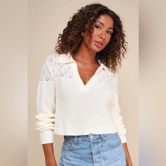Lulus Sweaters - Lulus Cozy Cream Pointelle Knit Collared Cropped Sweater White